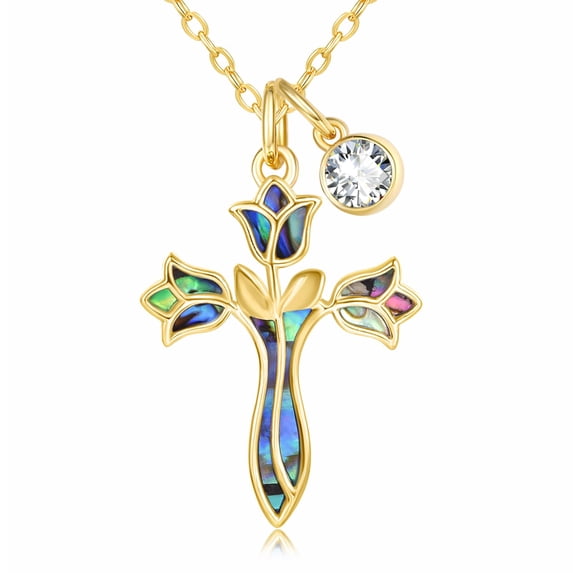 TANGPOET Cross Necklace for Women Tulip Flower Cross Pendant925 Sterling Silver April Birthstone Cross Necklace for Women