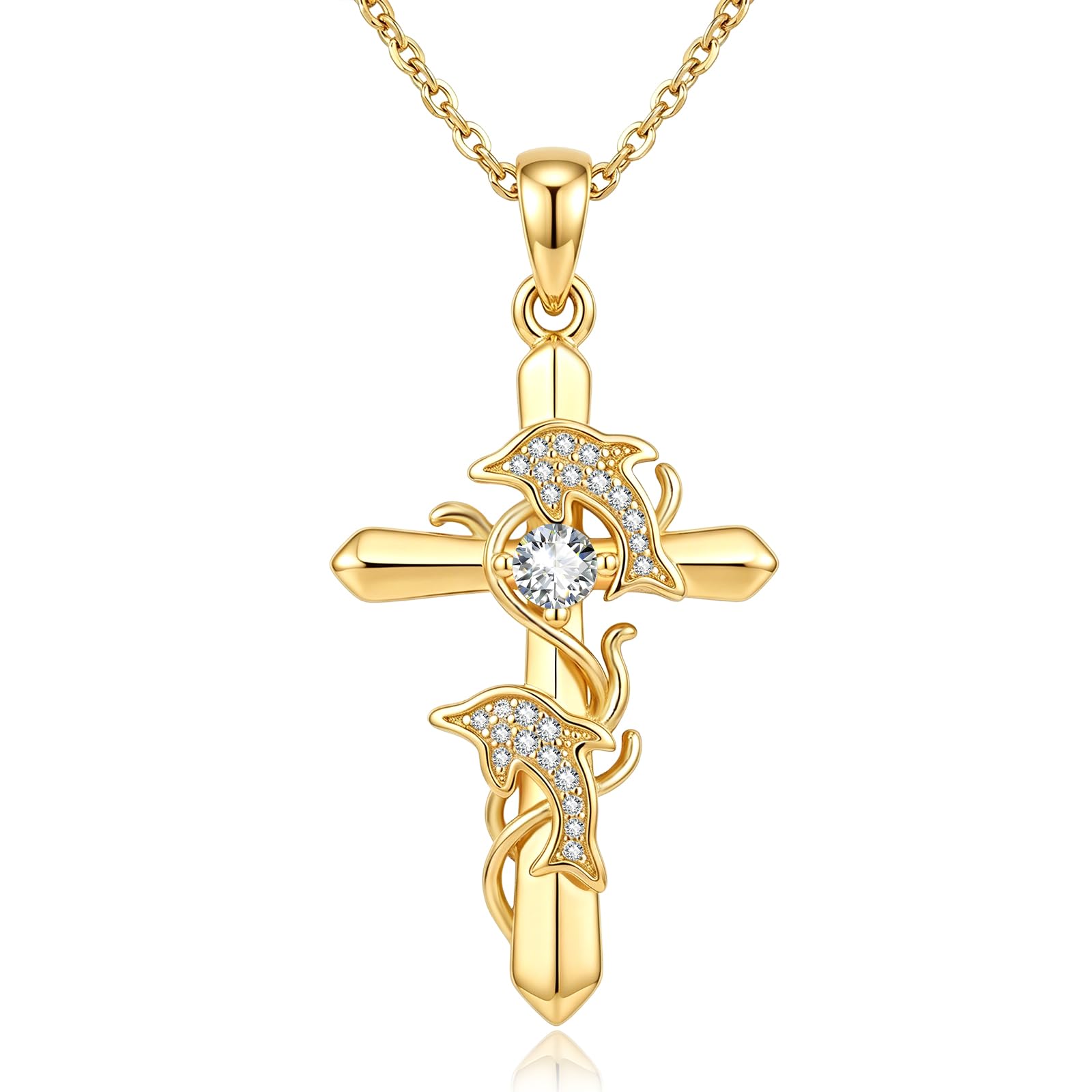 TANGPOET Dolphin Cross Necklace for Women Dainty 14K Gold Baptism Gifts