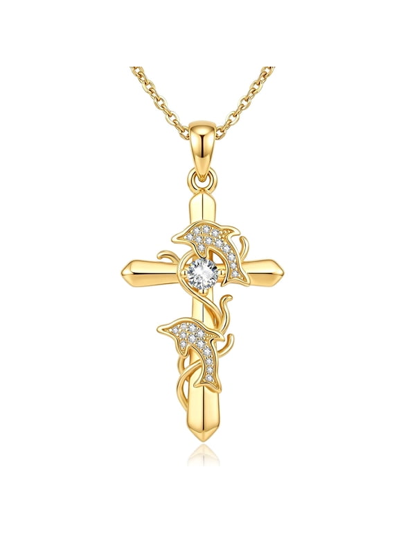 Dolphin Cross Necklace for Women Dainty 14K Gold Baptism Gifts