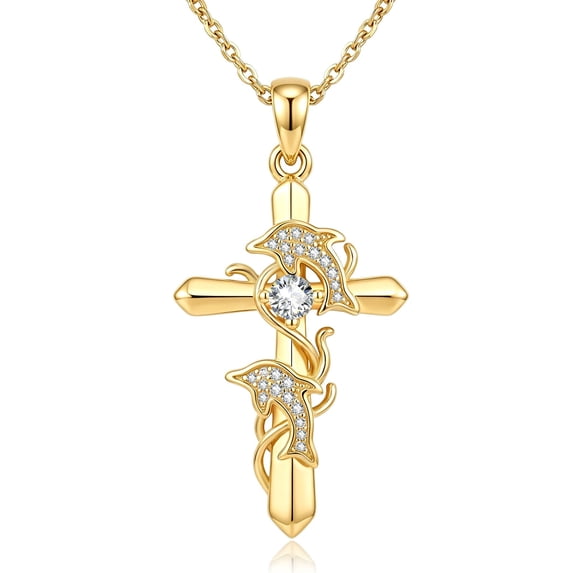 TANGPOET Dolphin Cross Necklace for Women Dainty 14K Gold Baptism Gifts