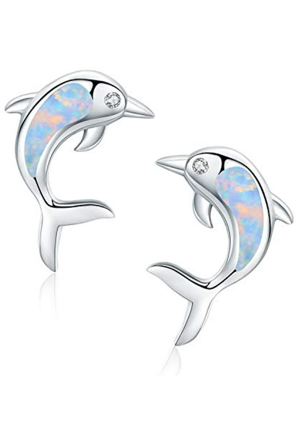 Dolphin Opal Earrings Ear studs 925 Sterling Silver Earring for Women Jewelry Animal Gifts