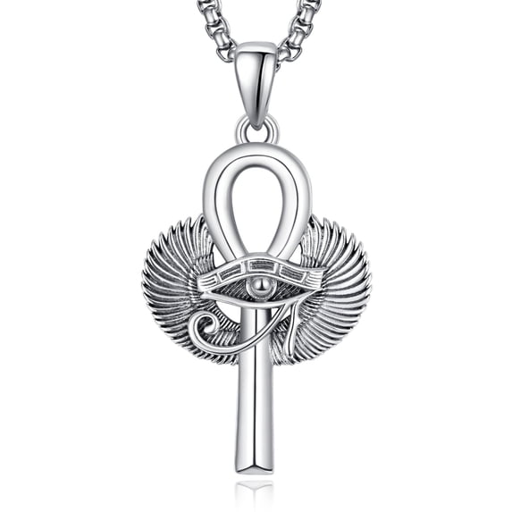 TANGPOET Egyptian Ankh Winged Eye Pendant Necklace, 925 Sterling Silver Unisex Symbolic Statement Jewelry