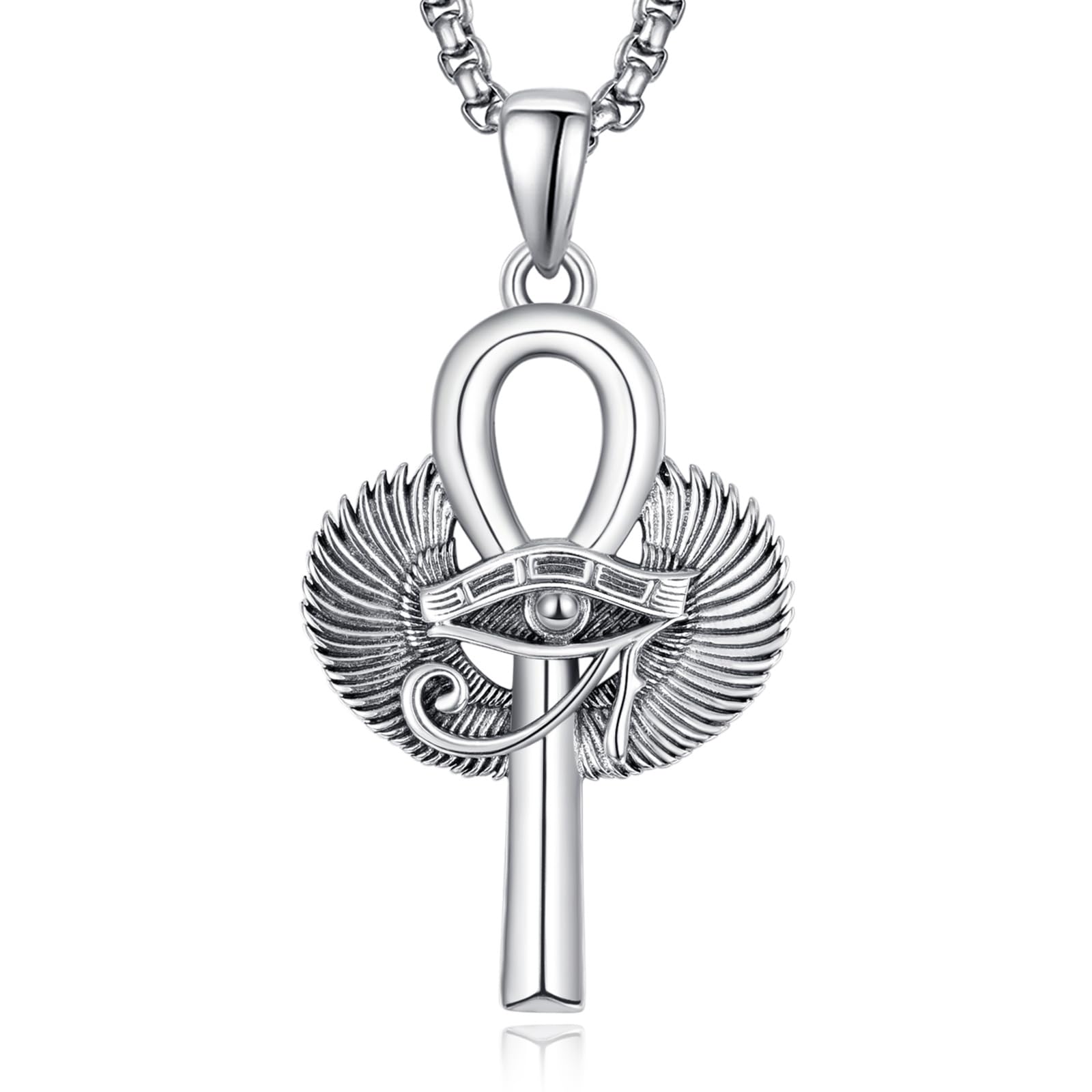 TANGPOET Egyptian Ankh Winged Eye Pendant Necklace, 925 Sterling Silver Unisex Symbolic Statement Jewelry