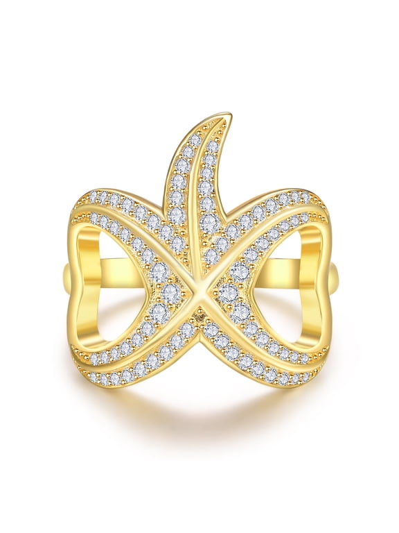 Fashion Starfish Statement Ring for Women 14K Gold Plated Vintage Adjustable Ocean Sea Style Open Wrap Finger Rings Chic Holiday Summer Party Jewelry Dainty Gift Mother