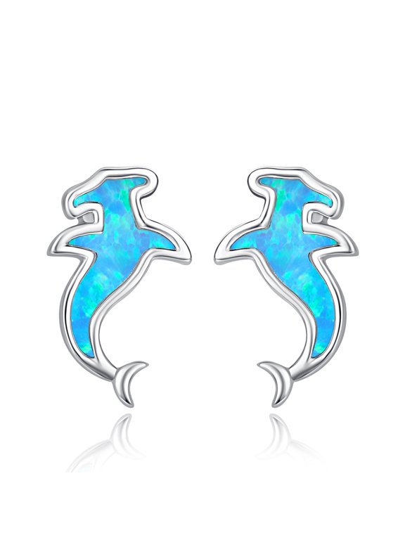Hammerhead Shark Stud Earrings for Women 925 Sterling Silver Blue Opal Shark Opalite Jewelry Gifts for Daughter Birthday Christmas Valentines Mothers Day