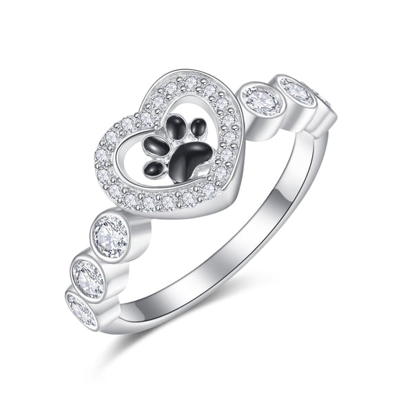 TANGPOET Heart Dog Paw Rings for Women S925 Sterling Silver Cute Cat Puppy CZ Paw Print Ring Stackable Ring Pet Jewelry Gifts Size 5-11 (heart paw print ring, 10)