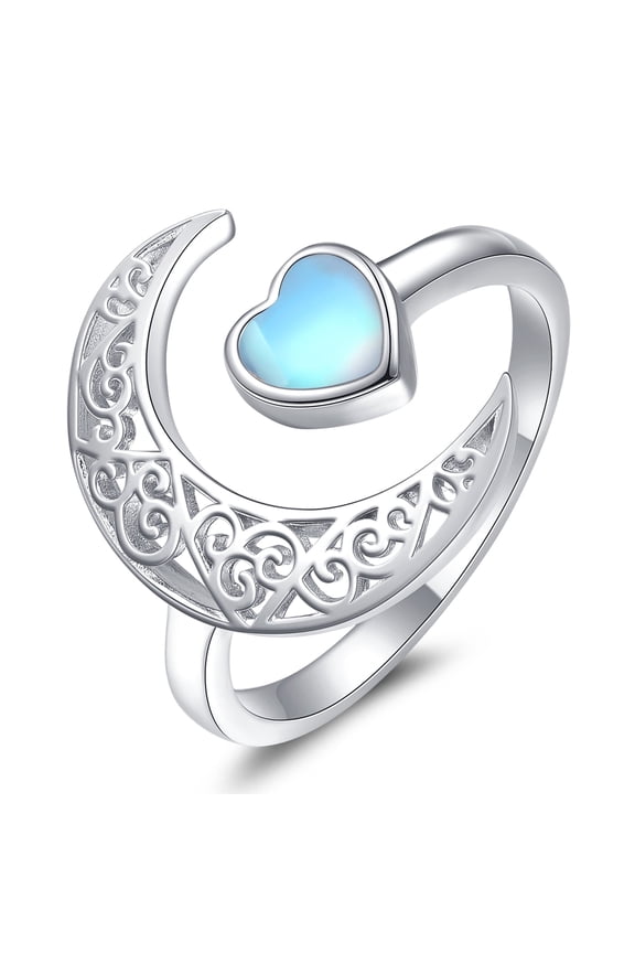 925 Sterling Silver Heart Moon Ring for Women with Moonstone Accent