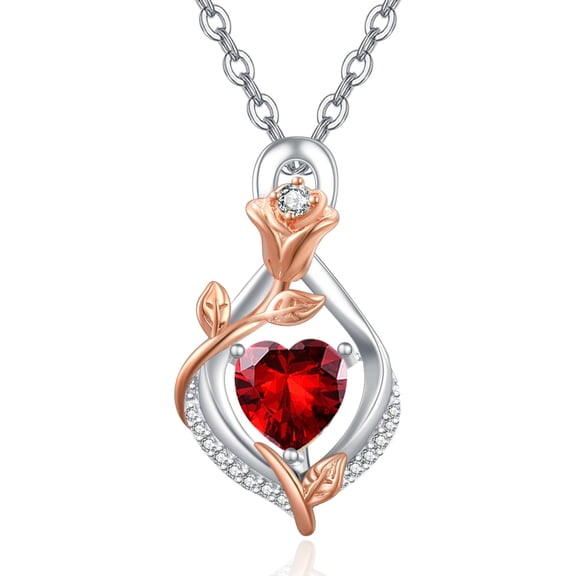 TANGPOET Infinity January Birthstone Necklace Women Sterling Silver Rose Flower Pendant Heart Garnet Necklace Jewelry Anniversary Birthday Gift for Wife Mom Her