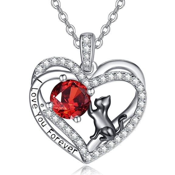 TANGPOET January Birthstone Cat Necklace for Daughter Sterling Silver Black Cat Necklace Garnet Jewelry I Love You Always and Forever Heart Pendant Anniversary Birthday Gifts for Wife Mom Grandma