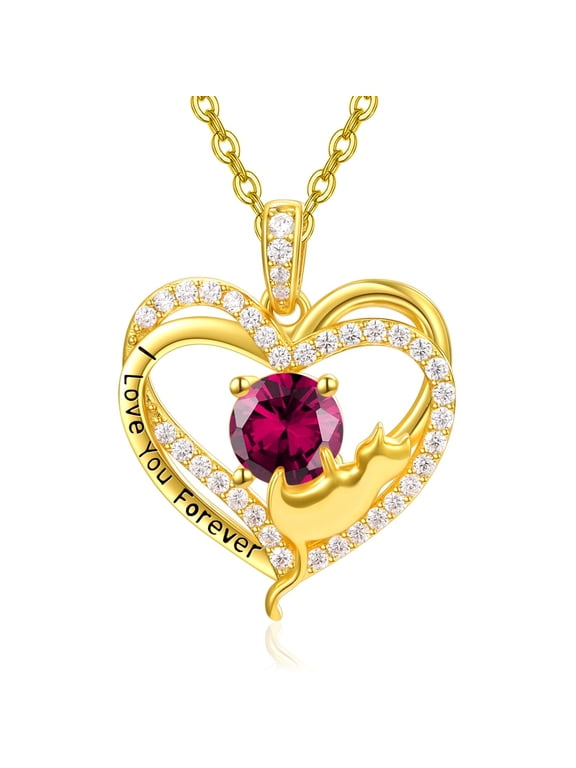 July Birthstone Cat Necklace for Women 14K Gold Cat Jewelry Sterling Silver Heart Necklace Ruby Jewelry Anniversary Birthday Gifts for Daughter Wife Mom Grandma