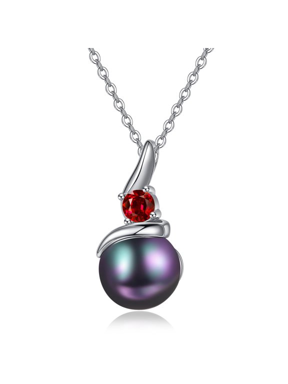 July Birthstone Necklace 925 Sterling Silver Tahitian Black Pearl Ruby