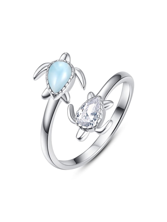 Larimar Ring 925 Sterling Silver Turtle Open Adjustable Thumb Rings for Women Sea Jewelry