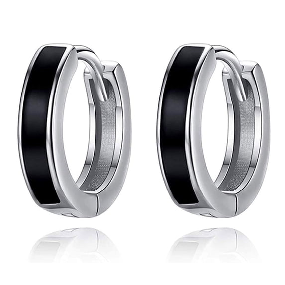 TANGPOET Mens Earrings 925 Sterling Silver Black Small Huggie Hoop Earrings for Women Men Hypoallergenic Hoops Earring for Sensitive Ears