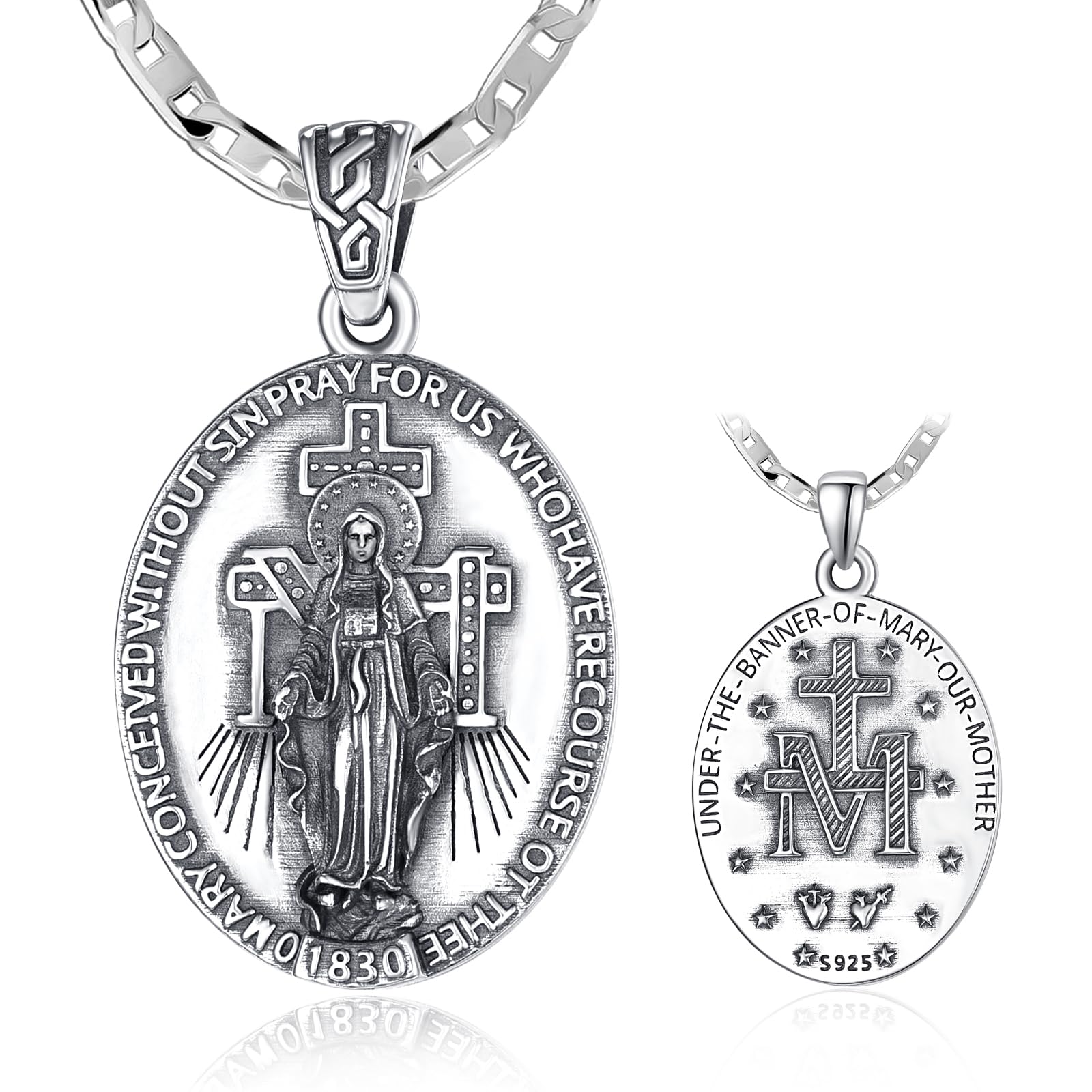 TANGPOET S925 Sterling Silver Miraculous Medal Necklace, Double Sided Virgin Mary Pendant Jewelry for Men Women Daily Wear