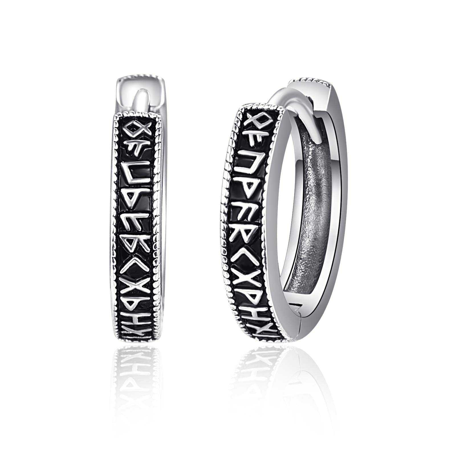 TANGPOET Nordic Viking Runes Hoop Earrings Silver Hoops Earrings Men 925 Sterling Silver Hypoallergenic Huggie Hoop Mens Earring