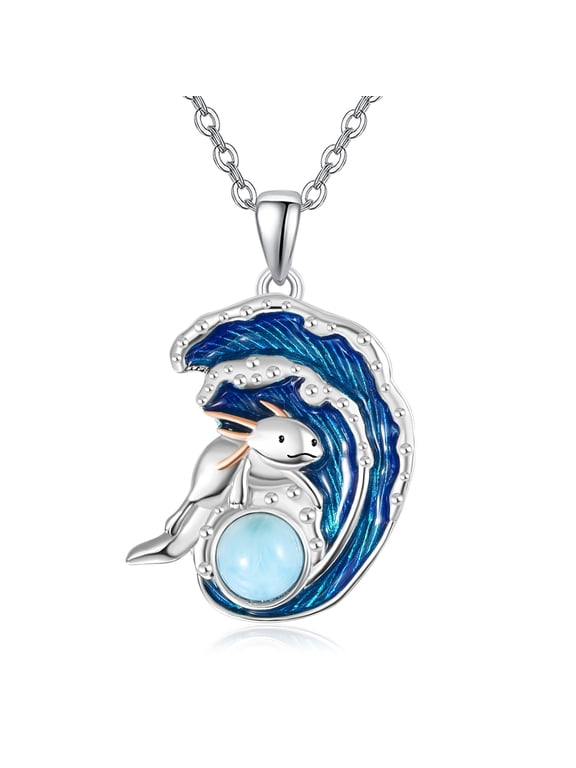 Ocean Necklace 925 Sterling Silver Axolotl Wave Pendant Necklace Axolotl Theme Jewelry Gift for Women Wife Her