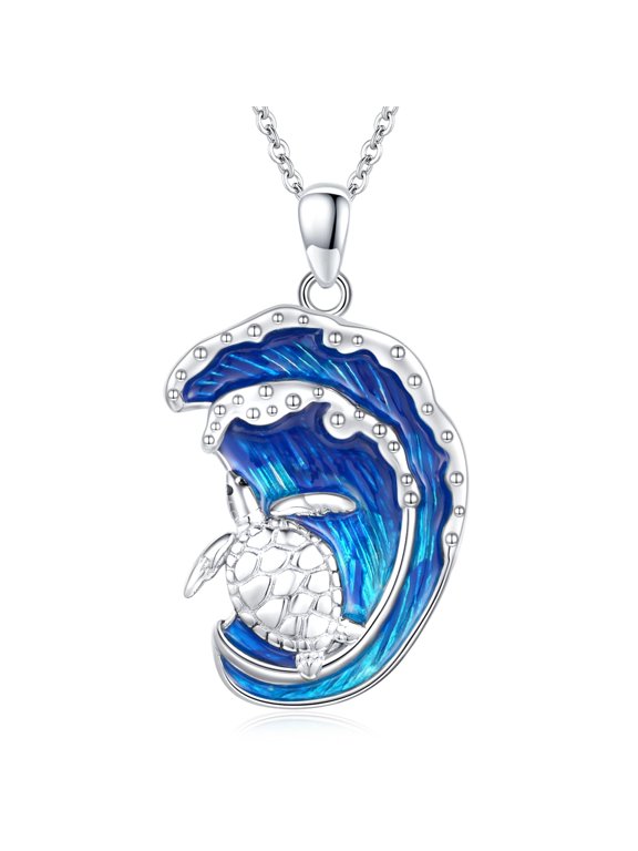Ocean Necklace 925 Sterling Silver Sea Turtle Wave Pendant Necklace Sea Turtle Ocean Jewelry Gift for Women Wife Her