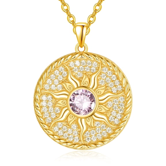 TANGPOET October Birthstone Pink Tourmaline Sun Coin Necklace 925 Silver