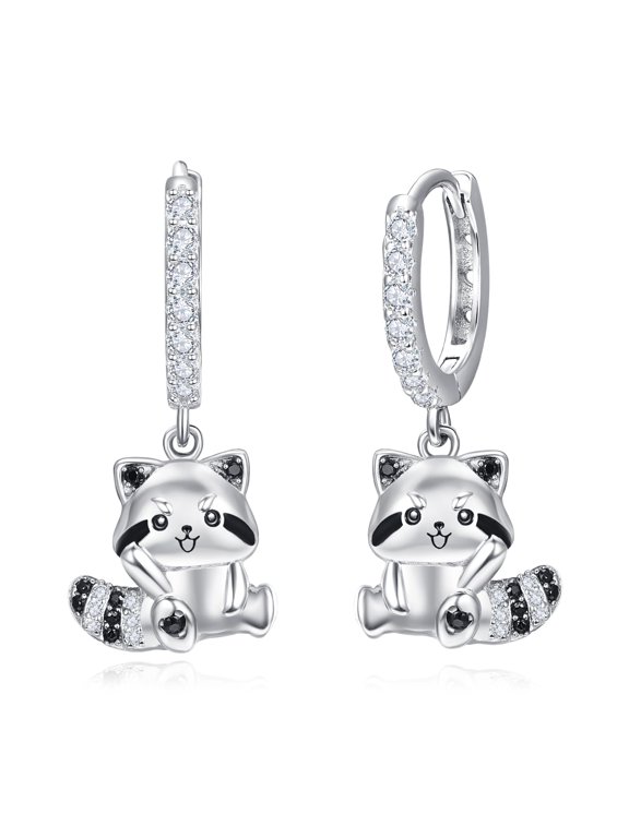 Raccoon Earrings 925 Sterling Silver Hoop Earrings for Women Animal Earring Sleeper Hoops Cute Birthday Jewelry Gift