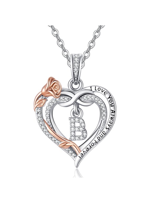 Rose Heart Initial B Necklace for Women S925 Sterling Silver Love Heart Initial B Letter Pendant Necklace Rose Jewelry Anniversary Birthday Gift for Wife Mom Her