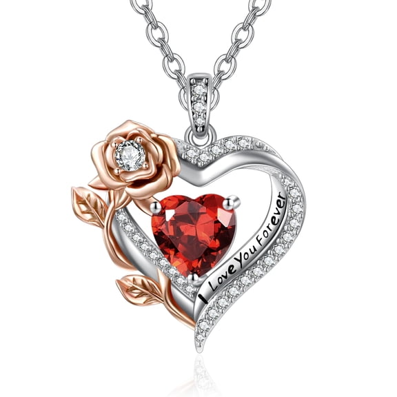 TANGPOET Rose Heart Necklace for Women 925 Sterling Silver January Birthstone Pendant Necklaces Garnet Jewelry Everyday Anniversary Birthday Gifts