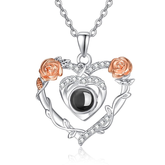 TANGPOET Rose Necklace for Women 925 Sterling Silver Double Heart Pendant Necklaces I Love You 100 Languages Projection Necklace