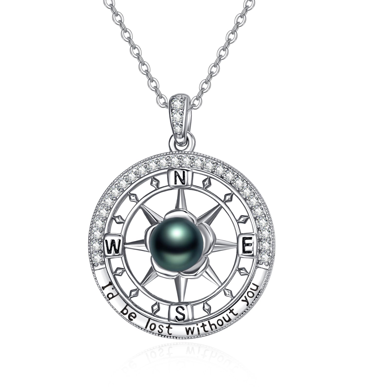 TANGPOET S925 Necklace Gift for Wife Compass Jewelry Tahitian Black Pearl Necklace Women Anniversary Sterling Silver I'd be Lost without You