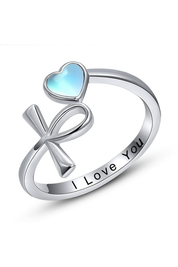 S925 Sterling Silver Rings Ankh Cross Ring Heart Moonstone Adjustable Open Rings Jewelry Gifts for Women Mom Mothers day Birthday
