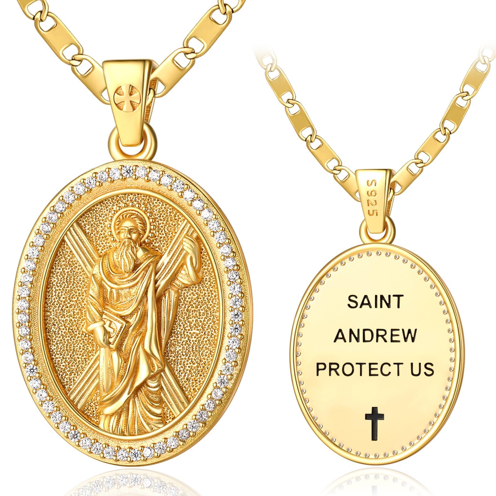 TANGPOET S925 Sterling Silver Gold Plated Saint Andrew Medal Necklace, Double Sided Oval Pendant with CZ for Men Women