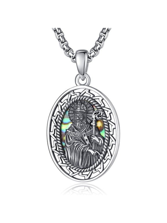 Saint Patrick Pendant Necklace 925 Sterling Silver Religious Medallion Jewelry for Men