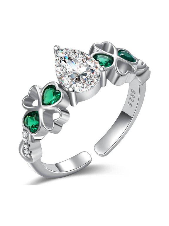 Shamrock Open Ring for Women Sterling Silver Lucky Green Clover Adjustable Rings St Patricks Day Jewelry Anniversary Everyday Birthday Gift for Wife Her Mom