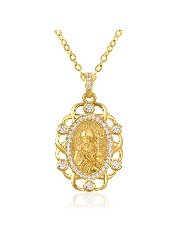 St Patrick Medal Necklace for Women Sterling Silver Oval Gold Plated Saint Patrick Pendant Necklace Medal Prayer Christian Jewelry Anniversary Birthday Gifts for Mom Wife Her