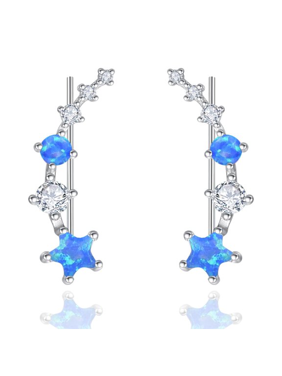Star Ear Climbers Earrings for Women 925 Sterling Silver Blue Opal Ear Cuffs Crawler Earring Cubic Zirconia Climbing Jewelry Gifts