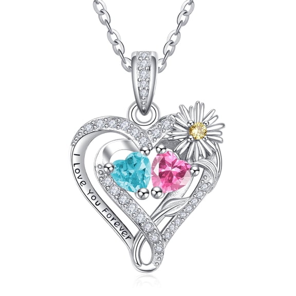 TANGPOET Sterling Silver Daisy Heart Necklaces Pendant Jewelry Blue Pink March October Birthstone Necklace Anniversary Jewelry Gifts for Women