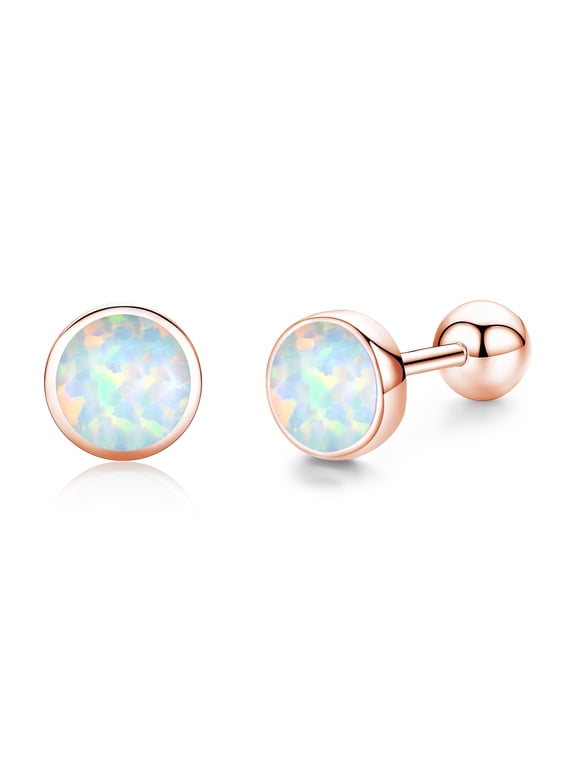 Sterling Silver Earring 925 Opal Round Ear Studs Birthstone Gift for Women