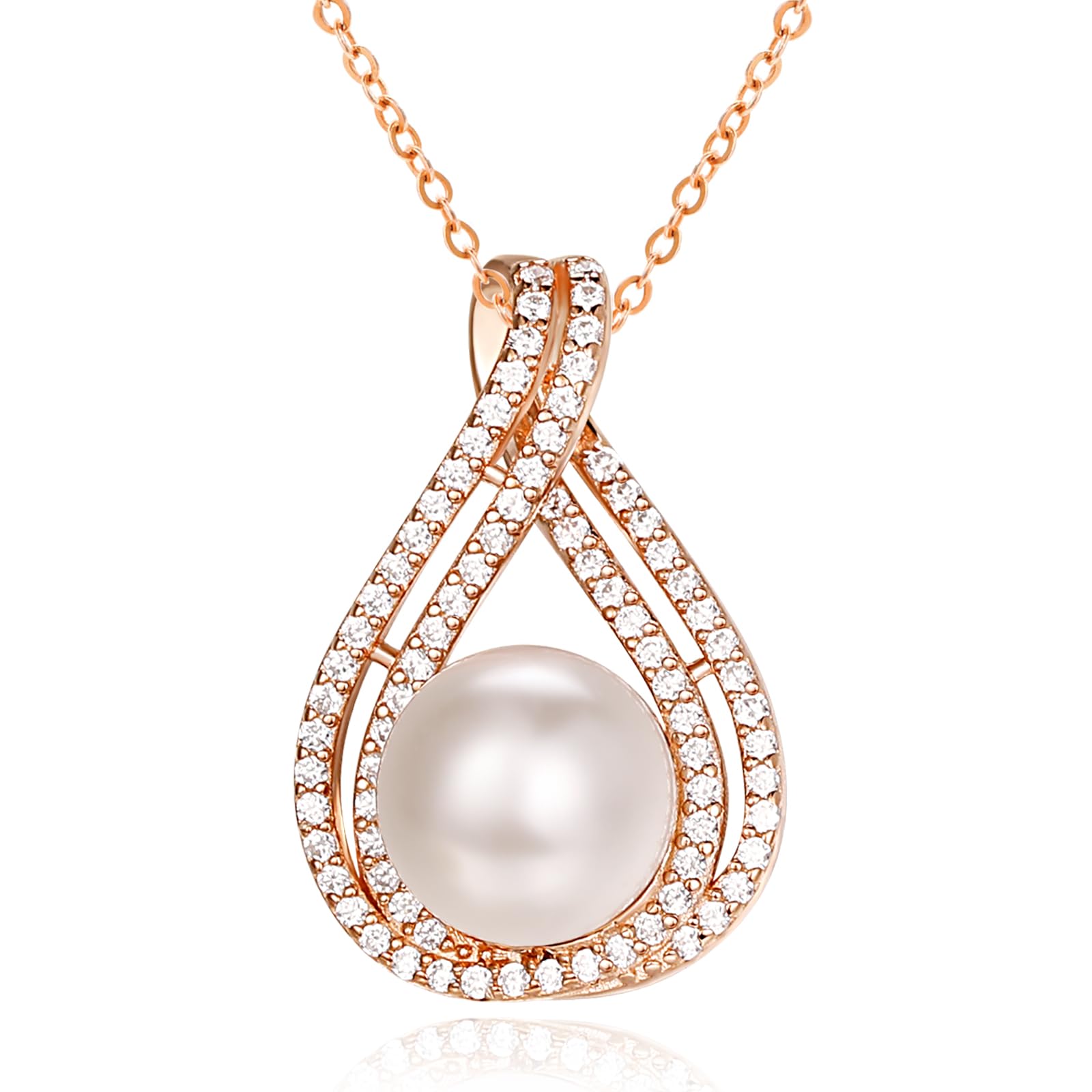 TANGPOET Sterling Silver Rose Gold Plated White Pearl Necklace Women