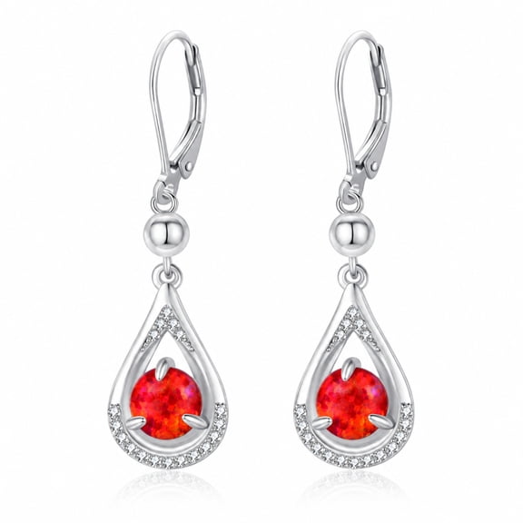 TANGPOET Sterling Silver Teardrop Dangle Earrings, Synthetic Red Opal Leverback Drop Earrings Fine Jewelry for Women