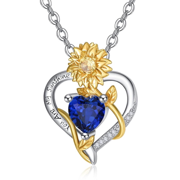 TANGPOET Sunflower Heart Necklaces for Women Sterling Silver Sapphire September Birthstone Sunflower Heart Pendant Necklace You Are My Sunshine Jewelry Anniversary Birthday Gift for Wife Mom Her