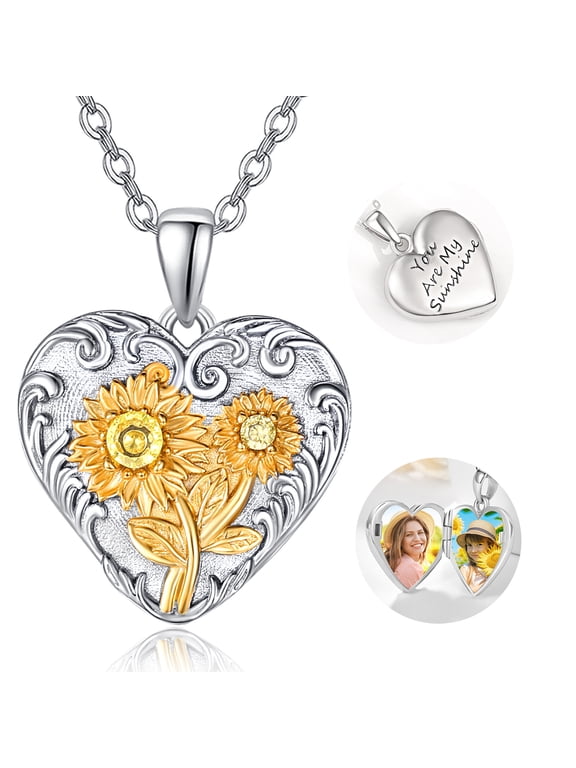 Sunflower Locket Necklace for Women 2 Picture Photo You Are My Sunshine Heart Locket 925 Sterling Silver Sunflower Jewelry Gift for Valentines Day Birthday Daughter Mother Girlfriend