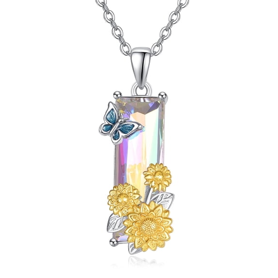 TANGPOET Sunflower Necklace for Women 925 Sterling Silver Butterfly Sunflower Necklace 18K Gold Plated Hypoallergenic Crystal Jewelry Gift for Wife