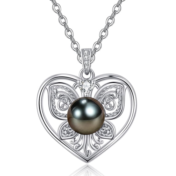TANGPOET Tahitian Black Pearl Butterfly Heart Valentines Necklace For Women,925 Silver Saltwater Pearl Jewelry,Anniversary Birthday Gifts for Her Wife Mom Daughter Friend Grandma