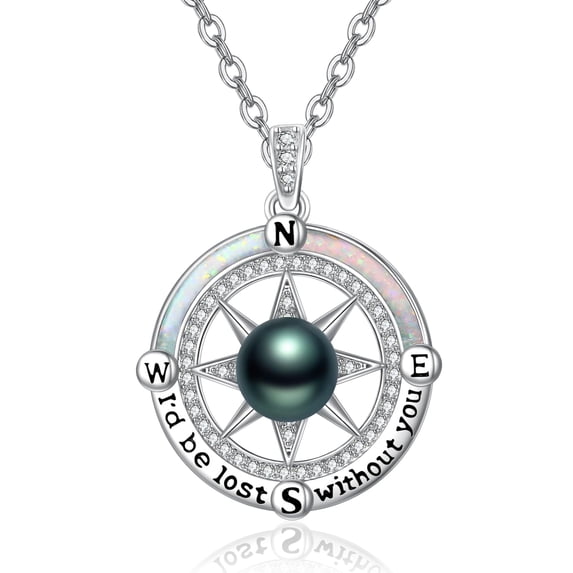TANGPOET Tahitian Black Pearl Compass Necklace For Women Sterling Silver Real Tahitian Pearl Jewelry For Women Wife Mom Mother Grilfriend