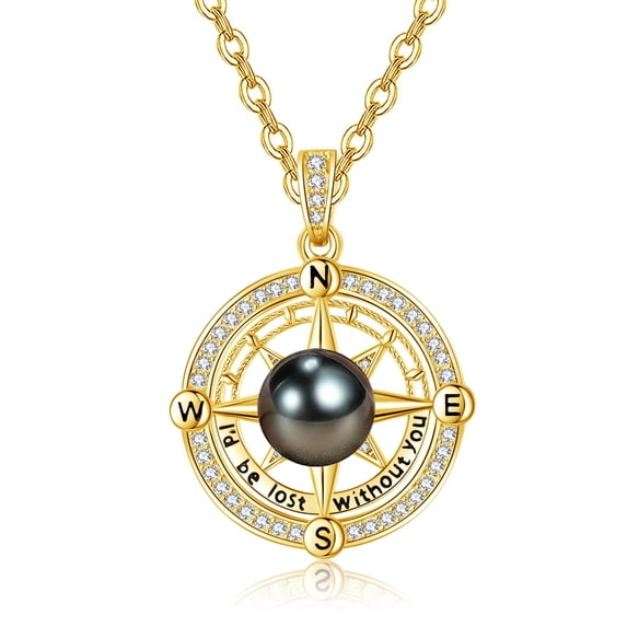 TANGPOET Tahitian Black Pearl Compass Valentines Necklace For Women,14K Gold Plated 925 Silver Saltwater Pearl Jewelry,Anniversary Birthday Gifts for Her Wife Mom Daughter Friend Grandma