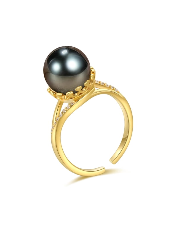 Tahitian Black Pearl Crown Adjustable Valentines Ring For Women,925 Silver Saltwater Pearl Jewelry,Anniversary Birthday Gifts for Her Wife Mom Daughter Friend Grandma