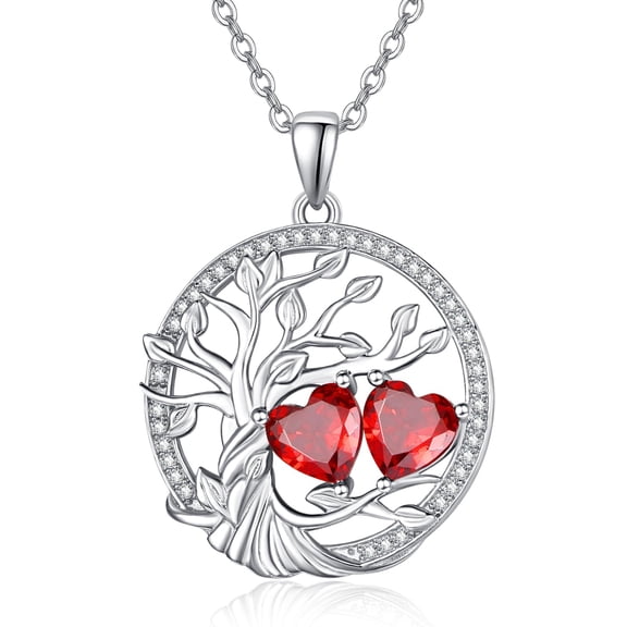 TANGPOET Tree of Life Double Birthstone Necklace for Women Sterling Silver January Birthstone Necklace Tree of Life Pendant Jewelry Anniversary Birthday Gift for Wife Mom Her
