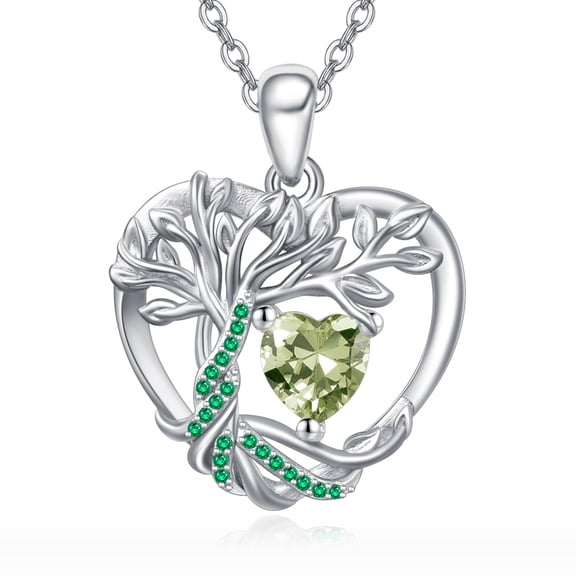 TANGPOET Tree of Life Peridot Necklace for Women Sterling Silver August Birthstone Peridot Heart Pendant Necklace Tree of Life Jewelry Anniversary Birthday Gifts for Mom Wife Her