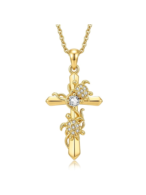 Turtle Cross Necklace for Women Dainty 14K Gold Baptism Gifts