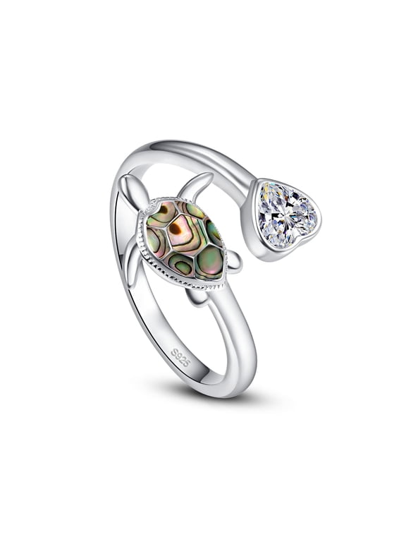 Turtle Rings 925 Sterling Silver Natural Abalone Shell Adjustable Open Thumb Ring for Women Animal Sea Turtle Jewelry for Women