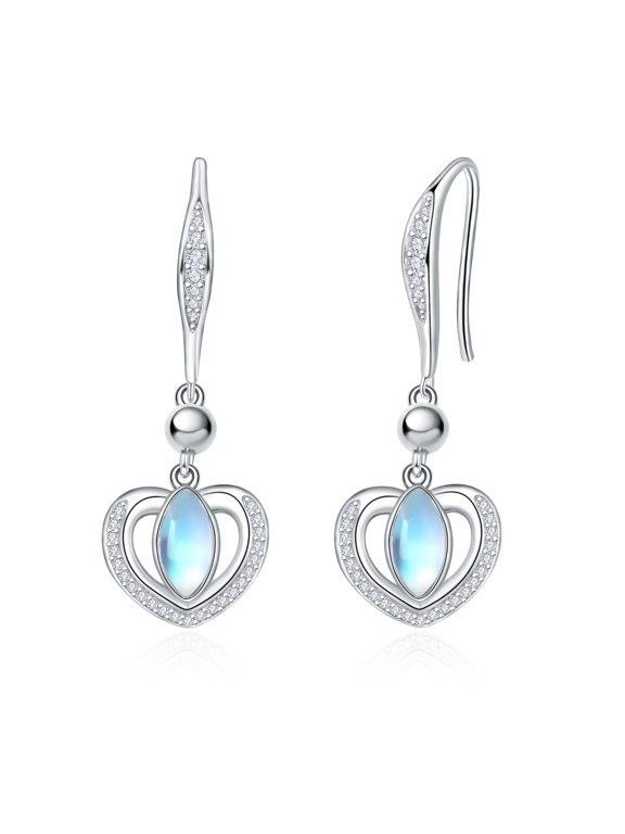 Valentines Day Gifts for Women Moonstone Heart Dangle Drop Earrings Sterling Silver Moonstone Heart Dangling Hook Earrings for Women