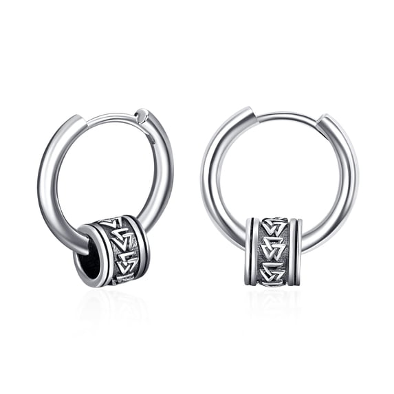 TANGPOET Viking Runes Bead Hoop Small Earrings for Men Unisex S925 Sterling Silver Huggie Earrings Mens Hypoallergenic Earring for Sensitive Ears